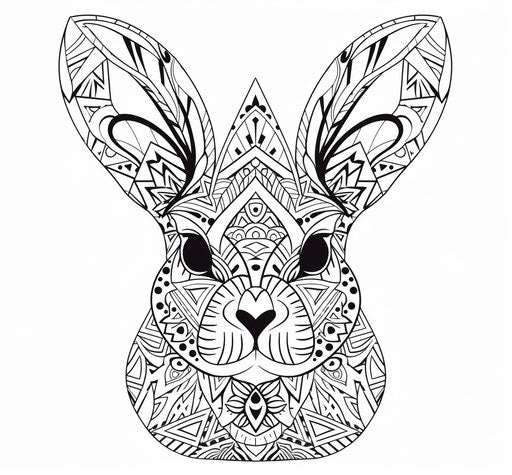 Black and white rabbit illustration for coloring, anthropological geometric style