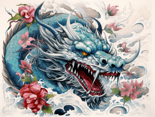 Drawing of an Asian tattoo design with blue dragon