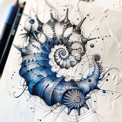 Nautical tattoo sketch of a Fibonacci spiral with oceanic elements and blue tones