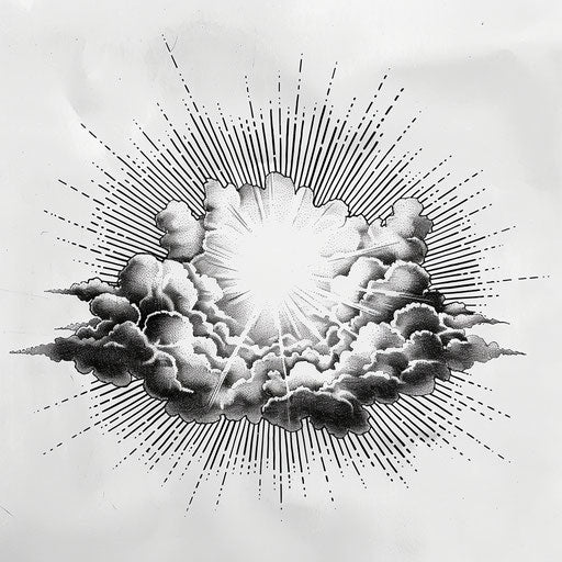 Sunburst through cloud tattoo on white background