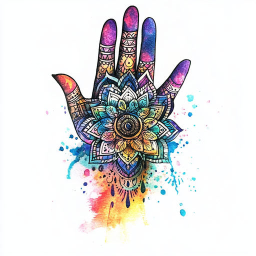 Mandala hand tattoo with watercolor on white background