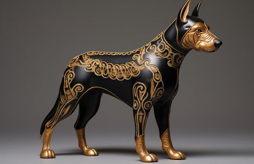 Doberman breeding, strong contours style, 1000-1400 CE, light black and gold, petcore, nabis 17:11