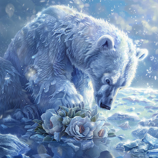 Curious polar bear with frozen flower in sparkling tundra
