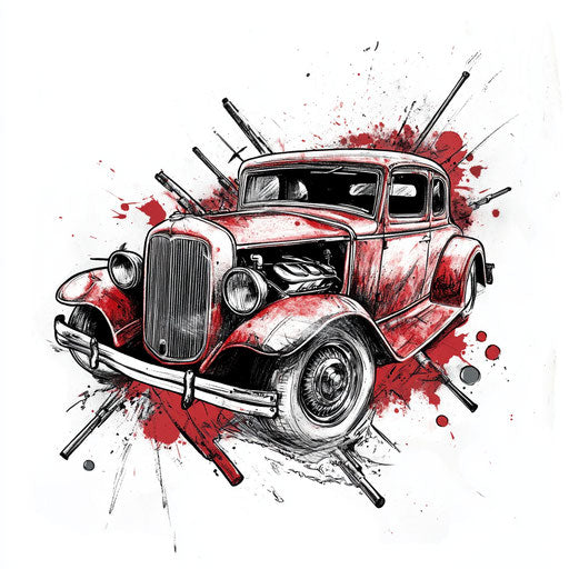 Clipart style mafia tattoo sketch with classic cars and bullet holes