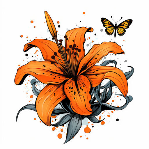 Orange and tattered lily tattoo with strong graphic elements