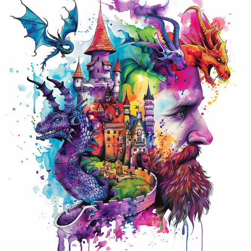 Fantasy king tattoo with dragons and castles on white background