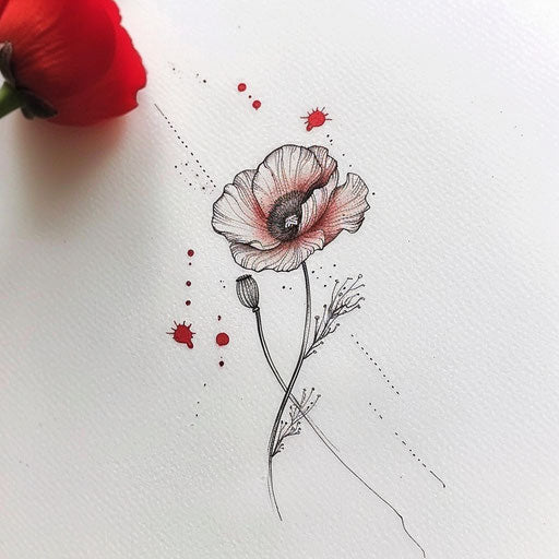 Minimalist poppy tattoo concept with clean lines and splash of red