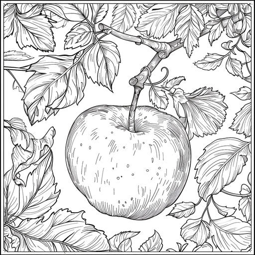 Apple in enchanted forest, detailed elements, Jan Brett style, lush and intricate, Coloring page