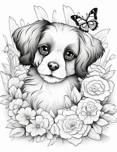 The puppy with flowers and butterflies coloring page royalty free