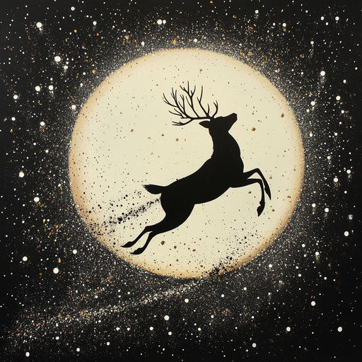 Rudolph in silhouette against a full moon, flying gracefully, a trail of sparkling stardust following behind him.