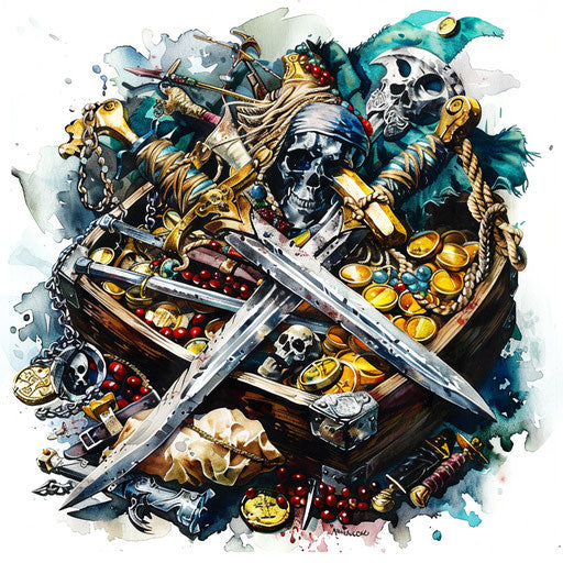 Pirate's treasure, swords, gold coins, jewels, tattoo design