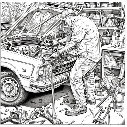 Dad fixing car with different tools, detailed illustration