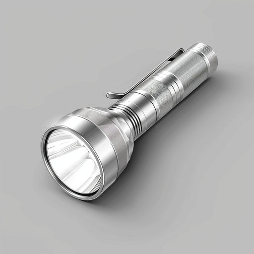 Flat, metallic silver backdrop highlights realistic flashlight clipart