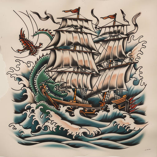 Ship vs. Sea Monster in Traditional Nautical Tattoo Sketch