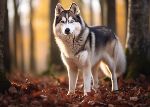 Husky dog in front of trees, light indigo and black style