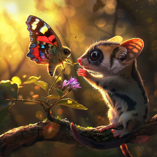 A flying squirrel investigating a colorful butterfly on a sunlit branch