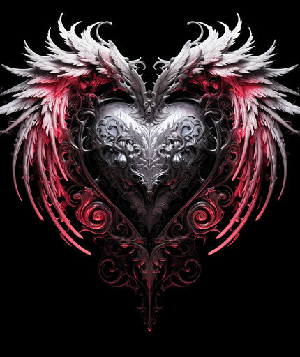 Black and white winged heart with carved out heart, pinkcore style