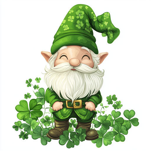 St Patrick's Day, gnome with hat on head, clovers all around, white background clipart