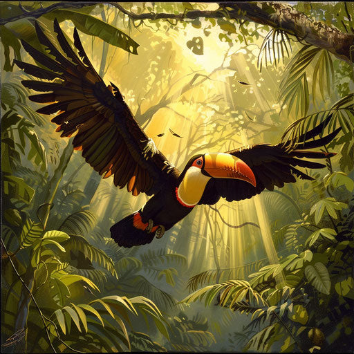 Toucan flying over ancient rainforest canopy