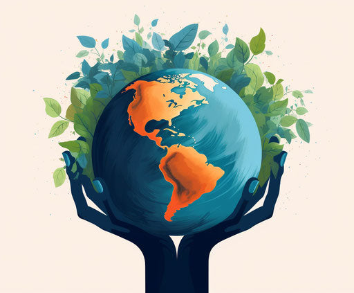 Earth globe held by hands with green leaves