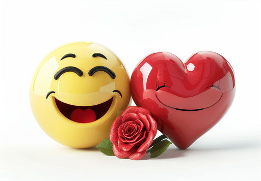 Two cute happy smiley faces in love with a red heart and rose