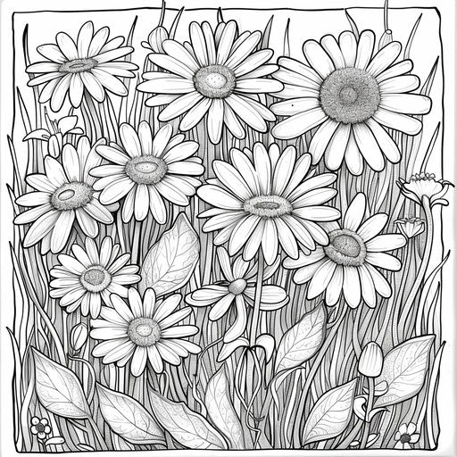 Meadow of daisies and wildflowers, coloring book page