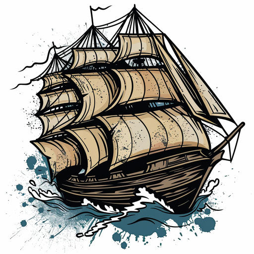 Vintage tattoo sketch of old ship on choppy waters, browns and blues