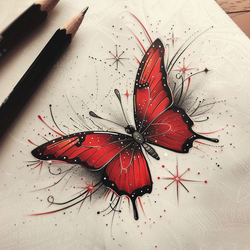 Whimsical sketch of a red butterfly with magical sparkles and starry night theme