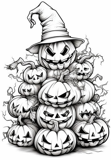 Halloween pumpkins coloring page, pile/stack style, precisionist