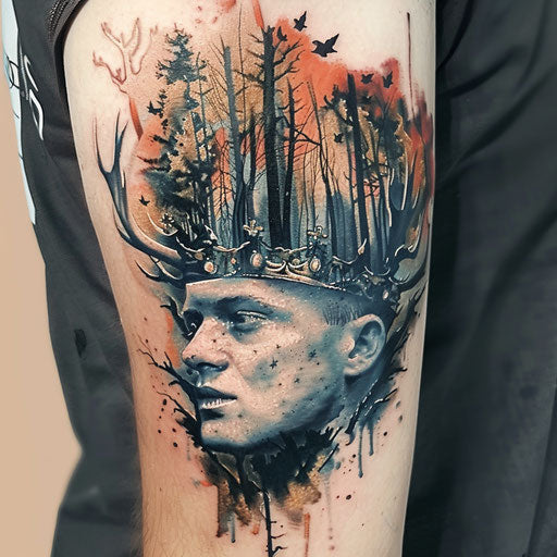 Surreal king tattoo blending nature and royalty