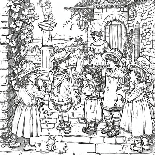 Children dressing up for a play, playful scene, coloring
