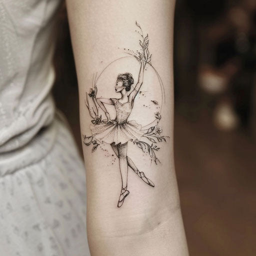 Tattoo sketch of an elegant ballerina with floral accents for wrist coverup tattoo for women