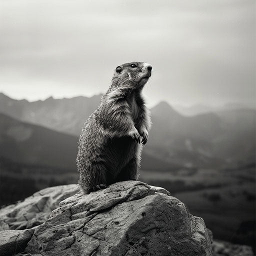 Groundhog on a rock, mountains in the background