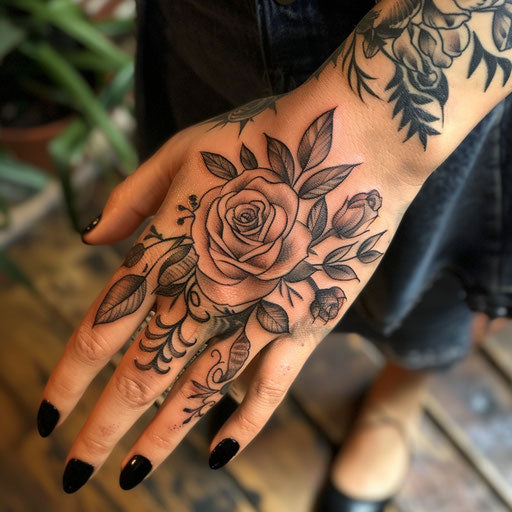 Rose hand tattoo in the style of Maria Sibylla Merian with detailed botanical roses