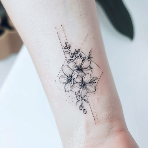Minimalist floral tattoo design with geometric elements, showcased on a bright white surface
