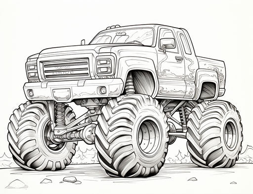 Monster truck coloring pages for kids, graffiti-influenced style
