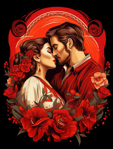 Tattoo of a couple kissing on red background, traditional Mexican style