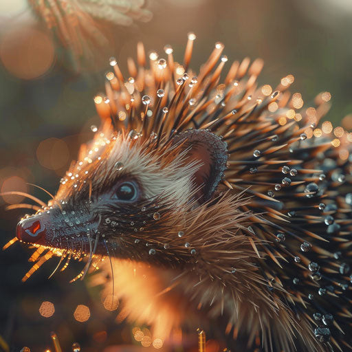 Hedgehog spines decorated with glistening dewdrops at dawn