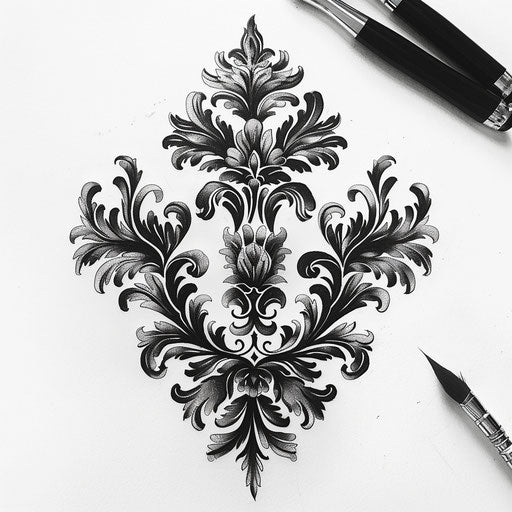 Traditional Baroque Patterns, Black Tattoo Design, on a White Surface