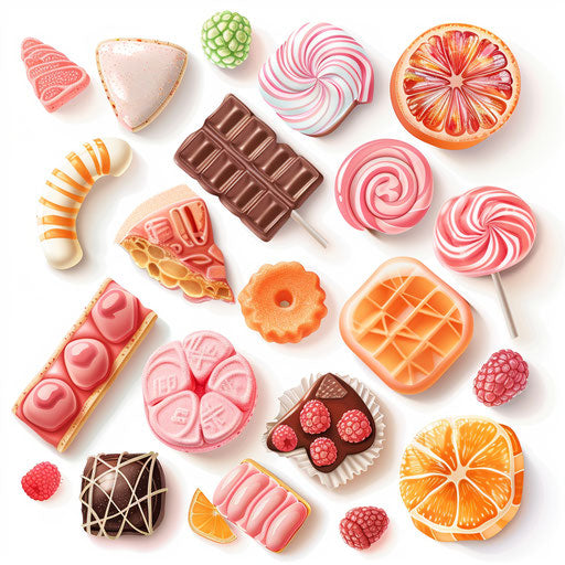 Realistic candy drawings on flat and white backdrop