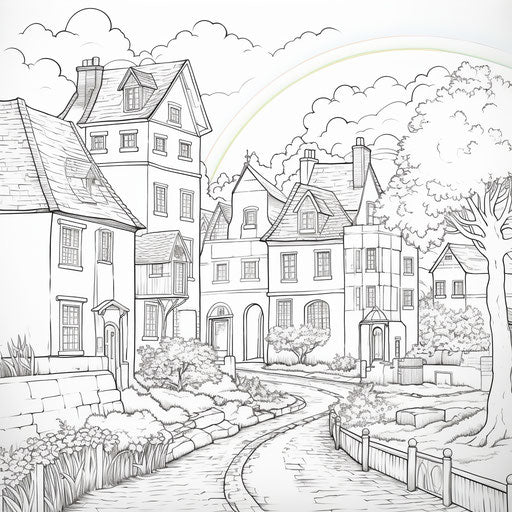 Town with rainbow in English countryside