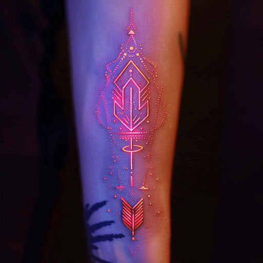 Flat tattoo sketch of a neon arrow pointing forward with a trail of glowing dust