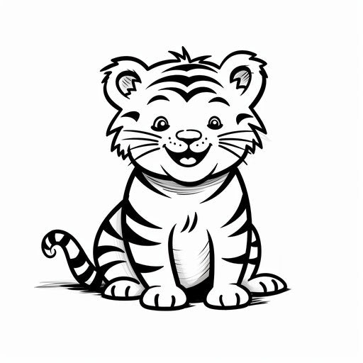 Smiling tiger in simple lines, black and white cartoon