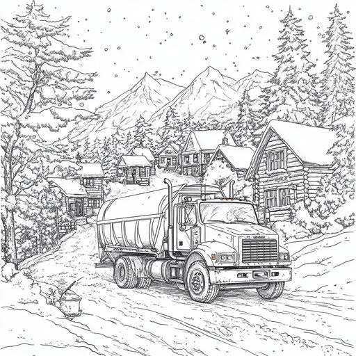 Garbage truck in a snowy village, Jan Brett style, coloring page