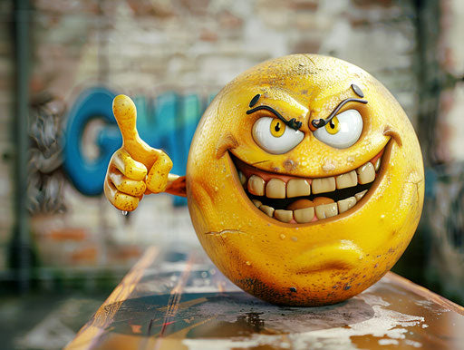 Angry emoticid with happy look pointing at the screen