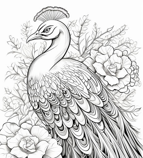 Indian peacock coloring page, whimsical yet eerie animal symbolism