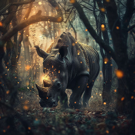 Black rhino in a magical forest, in the style of Ashraful Arefin