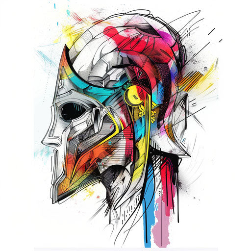 Surreal spartan helmet tattoo sketch with abstract shapes
