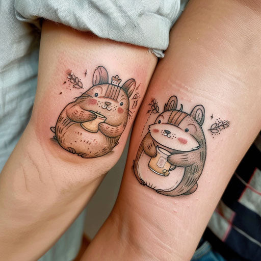 Matching best friend tattoos in the style of Steve Sack featuring funny animals