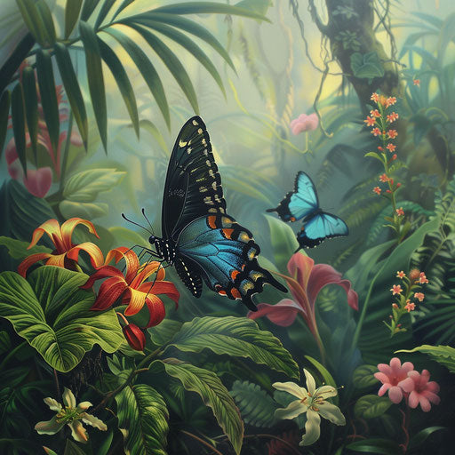 Blue butterfly on colorful tropical flower in rainforest